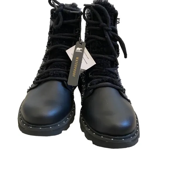 NWT Sorel Lennox Lace Cozy leather tweed fur lined waterproof boots, 9 leather