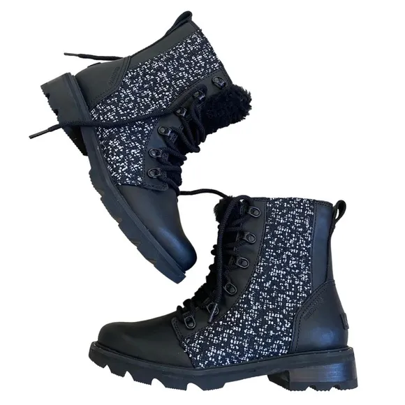NWT Sorel Lennox Lace Cozy leather tweed fur lined waterproof boots, 9 leather