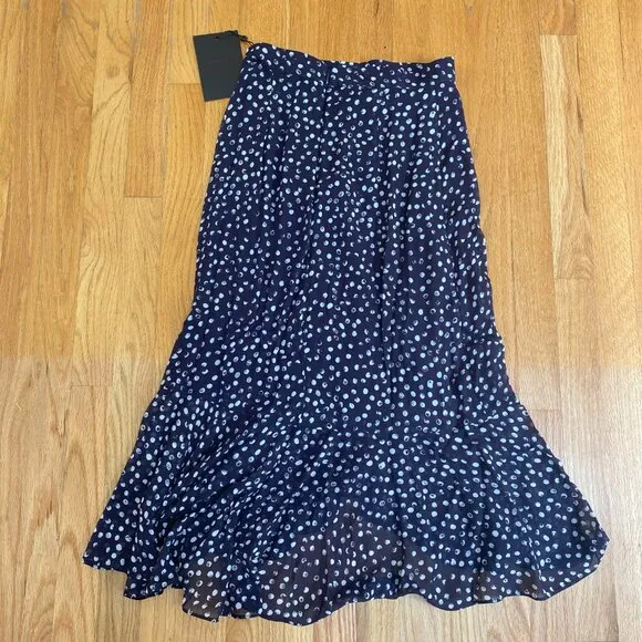 NWT The Kooples Long Flowing Navy Blue Skirt with Polka Dots