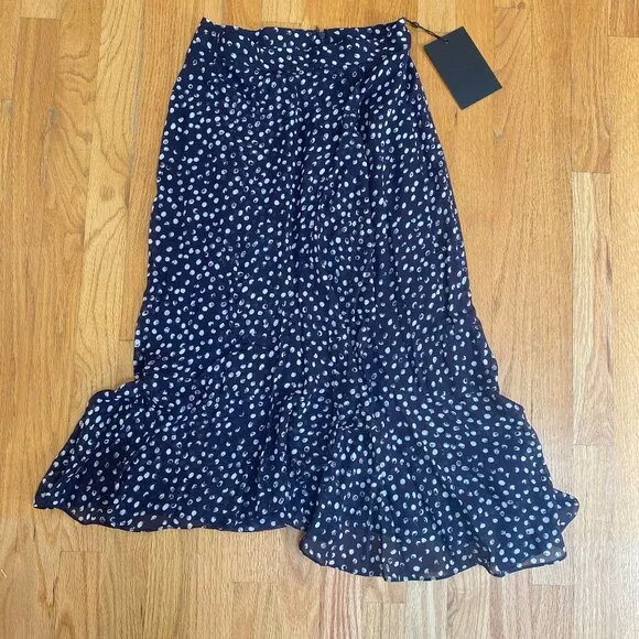 NWT The Kooples Long Flowing Navy Blue Skirt with Polka Dots