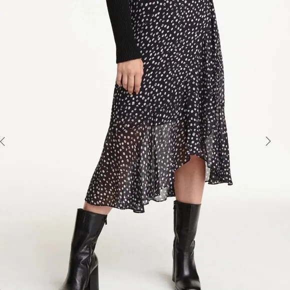 NWT The Kooples Long Flowing Navy Blue Skirt with Polka Dots