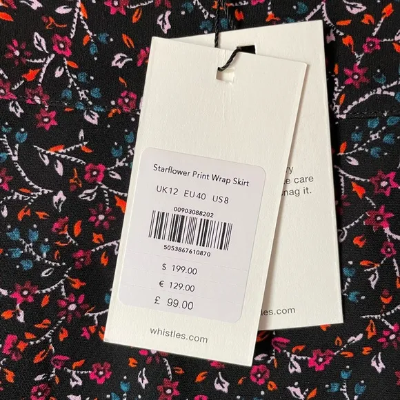 NWT Whistles Starflower Print Wrap Skirt, sz 8 US