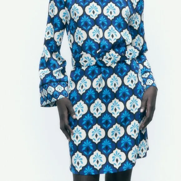 NWT Zara Mini Dress Belted Retro Print Small
