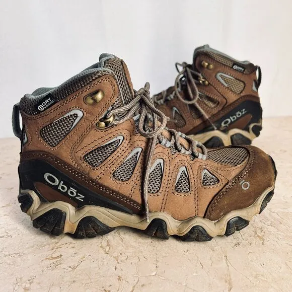 OBOZ Sawtooth Mid Waterproof Hiking Ankle Boots Womens 7 Brown Leather Mesh