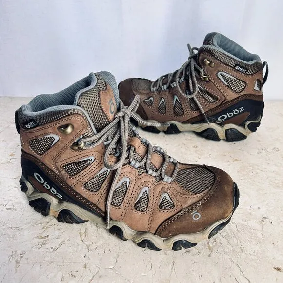 OBOZ Sawtooth Mid Waterproof Hiking Ankle Boots Womens 7 Brown Leather Mesh
