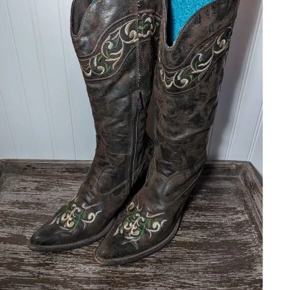 Obsel Women's Multicolor Faux Leather Embroidered Heeled Cowboy Boots Size 41