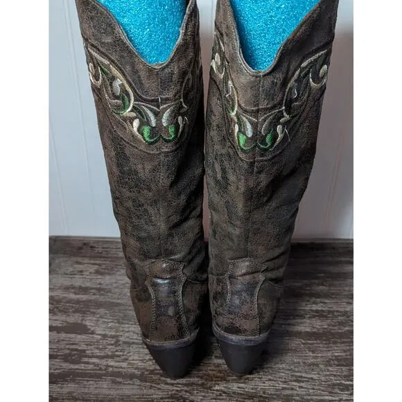 Obsel Women's Multicolor Faux Leather Embroidered Heeled Cowboy Boots Size 41