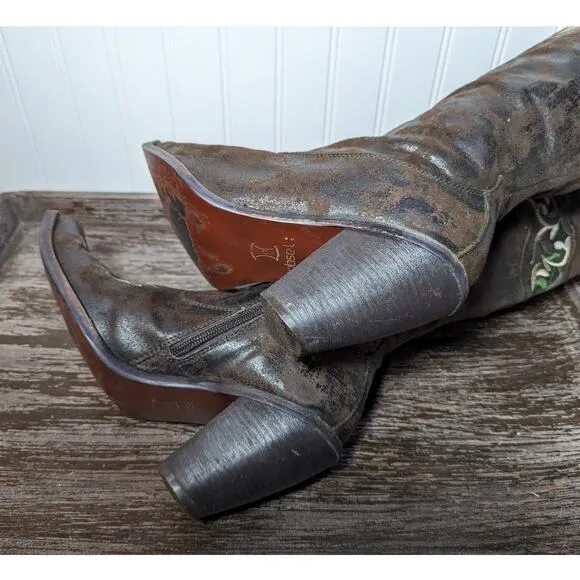Obsel Women's Multicolor Faux Leather Embroidered Heeled Cowboy Boots Size 41