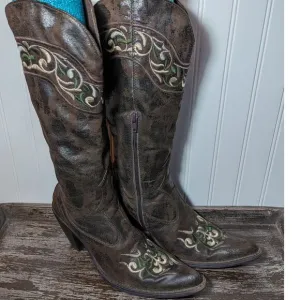 Obsel Women's Multicolor Faux Leather Embroidered Heeled Cowboy Boots Size 41