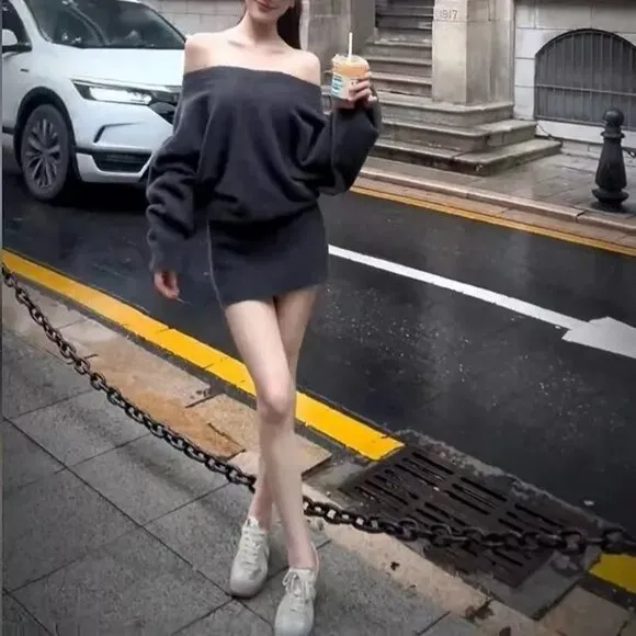 Off Shoulder Bodycon Knit Sweater Dress Casual Long Sleeve Plain Mini Jumper