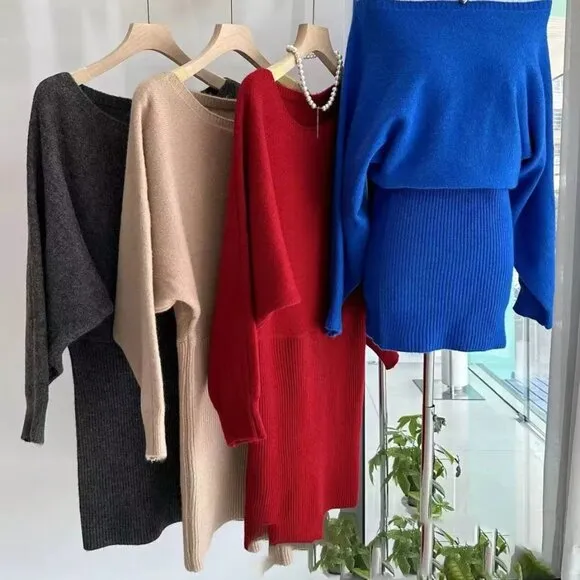 Off Shoulder Bodycon Knit Sweater Dress Casual Long Sleeve Plain Mini Jumper