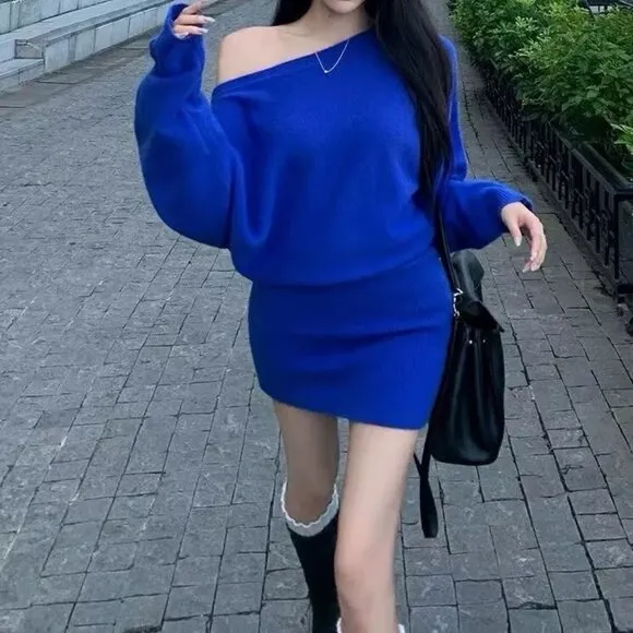Off Shoulder Bodycon Knit Sweater Dress Casual Long Sleeve Plain Mini Jumper