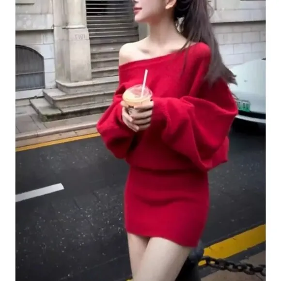Off Shoulder Bodycon Knit Sweater Dress Casual Long Sleeve Plain Mini Jumper