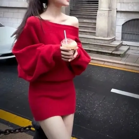 Off Shoulder Bodycon Knit Sweater Dress Casual Long Sleeve Plain Mini Jumper