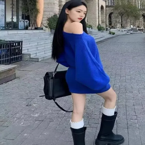 Off Shoulder Bodycon Knit Sweater Dress Casual Long Sleeve Plain Mini Jumper