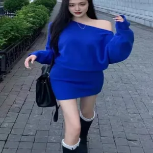 Off Shoulder Bodycon Knit Sweater Dress Casual Long Sleeve Plain Mini Jumper