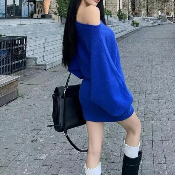 Off Shoulder Bodycon Knit Sweater Dress Casual Long Sleeve Plain Mini Jumper