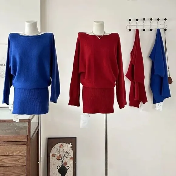 Off Shoulder Bodycon Knit Sweater Dress Casual Long Sleeve Plain Mini Jumper