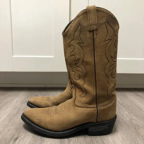Old West Men's Size 7.5 Cowboy Boots Genuine Tan Brown Leather Snip Toe Western