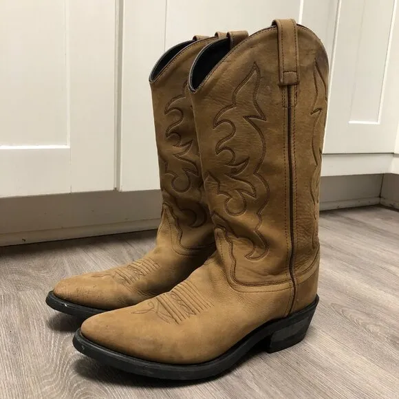 Old West Men's Size 7.5 Cowboy Boots Genuine Tan Brown Leather Snip Toe Western