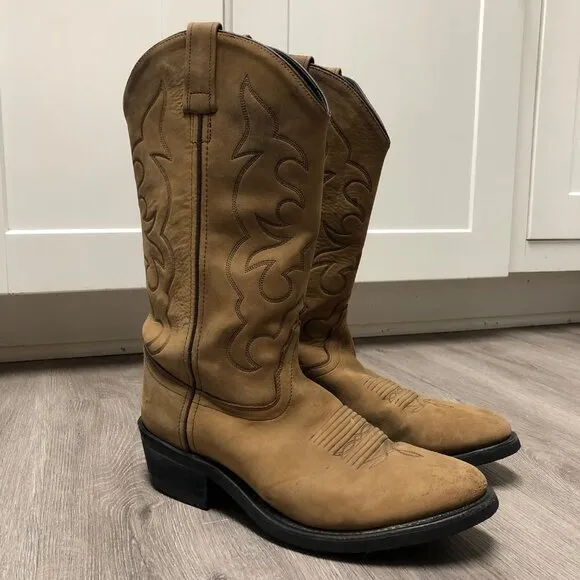 Old West Men's Size 7.5 Cowboy Boots Genuine Tan Brown Leather Snip Toe Western