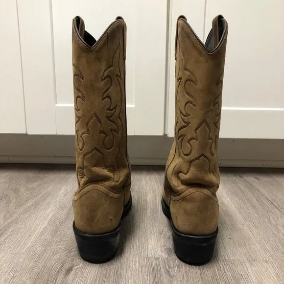 Old West Men's Size 7.5 Cowboy Boots Genuine Tan Brown Leather Snip Toe Western