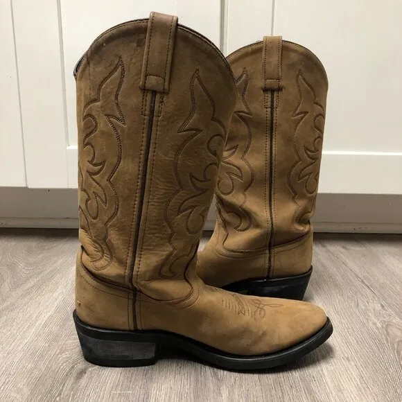 Old West Men's Size 7.5 Cowboy Boots Genuine Tan Brown Leather Snip Toe Western