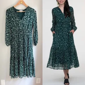 Olivia James Lydia Long Sleeve Ruffle Skirt Midi Dress in Geo Spot Lush, Small