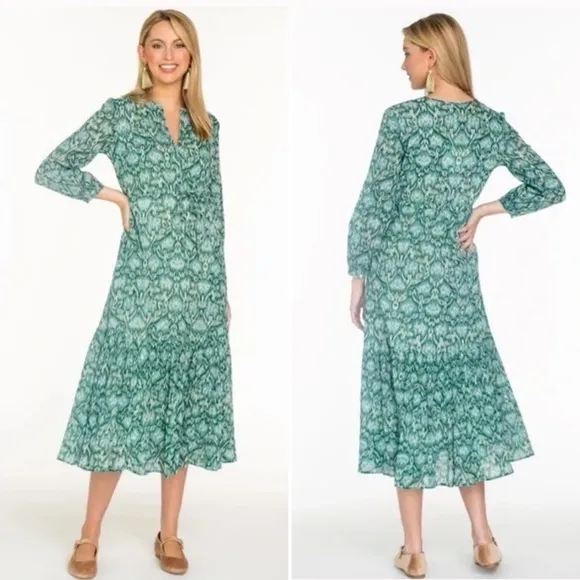 Olivia James Lydia Long Sleeve Ruffle Skirt Midi Dress in Geo Spot Lush, Small