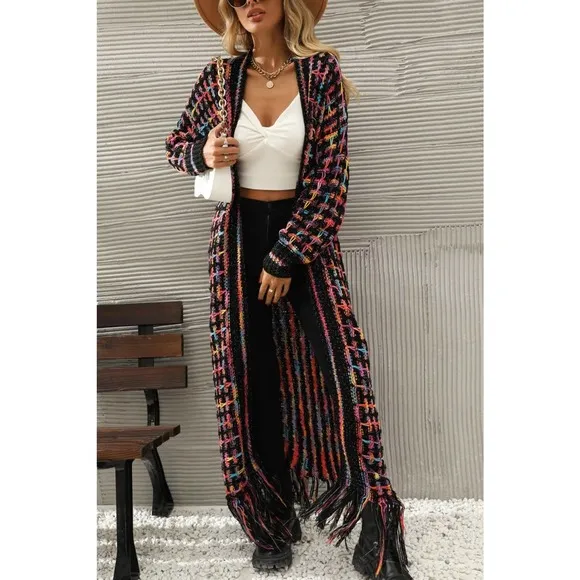Open Front Knit Fringe Boho Long Duster Cardigan