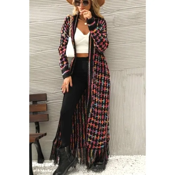 Open Front Knit Fringe Boho Long Duster Cardigan