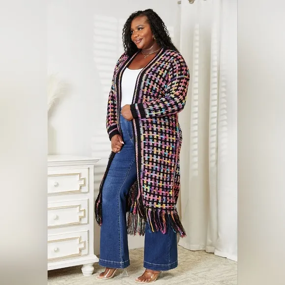 Open Front Knit Fringe Boho Long Duster Cardigan