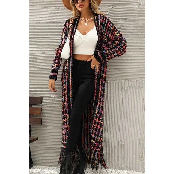 Open Front Knit Fringe Boho Long Duster Cardigan