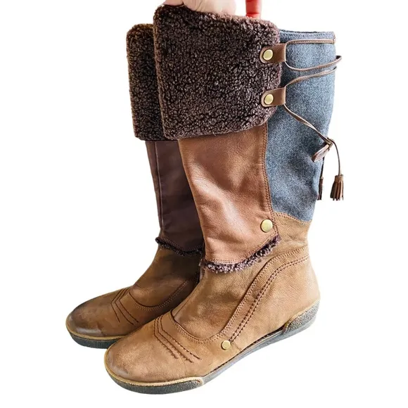 OTBT Clayton Leather Fabric Tall Boots Sherpa Lace
