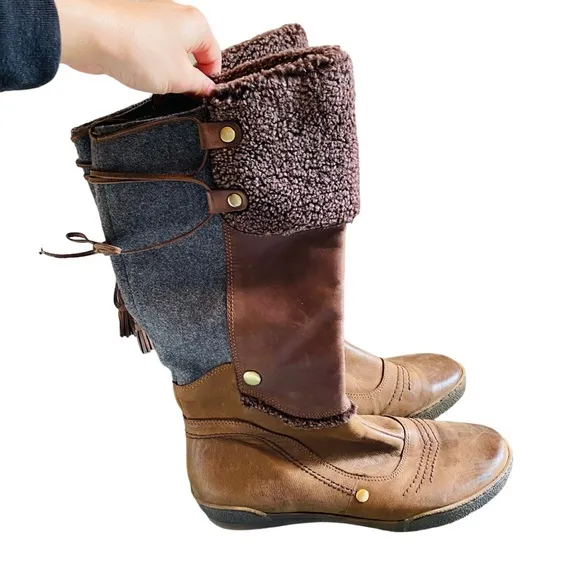 OTBT Clayton Leather Fabric Tall Boots Sherpa Lace