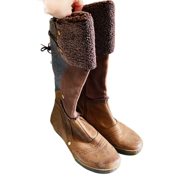 OTBT Clayton Leather Fabric Tall Boots Sherpa Lace