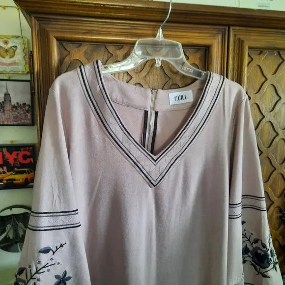 P. Cill Faux Suede Embroided Bell Sleeve Boho Dress - Blush, Size S