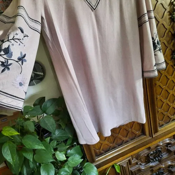 P. Cill Faux Suede Embroided Bell Sleeve Boho Dress - Blush, Size S