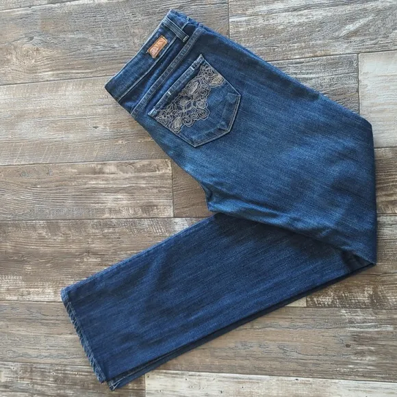 PAIGE &quot;Melrose&quot; medium dark wash straight cut denim jeans sz 29x35.5L TALL euc