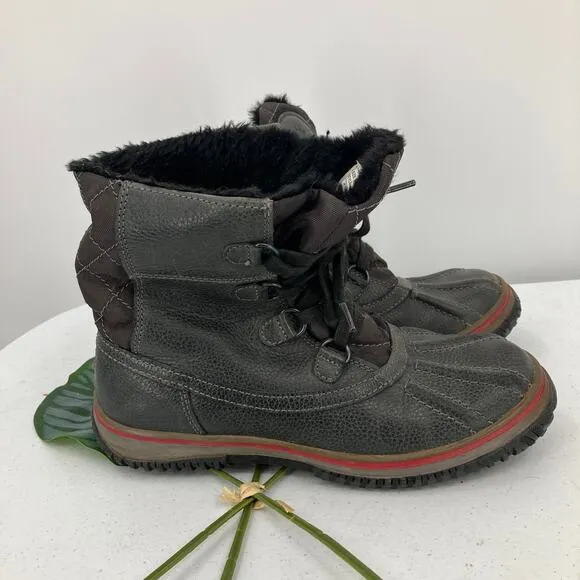Pajar Canada Black Red Leather Faux Fur Lined Lace Up Waterproof Duck Snow Boots
