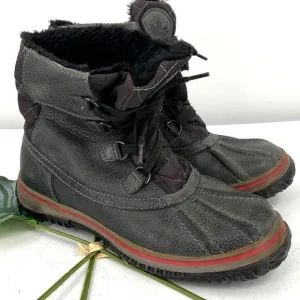 Pajar Canada Black Red Leather Faux Fur Lined Lace Up Waterproof Duck Snow Boots