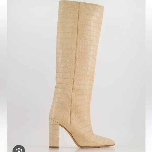 Paris Texas Beige Knee High Block Heel faux croc skin Boots