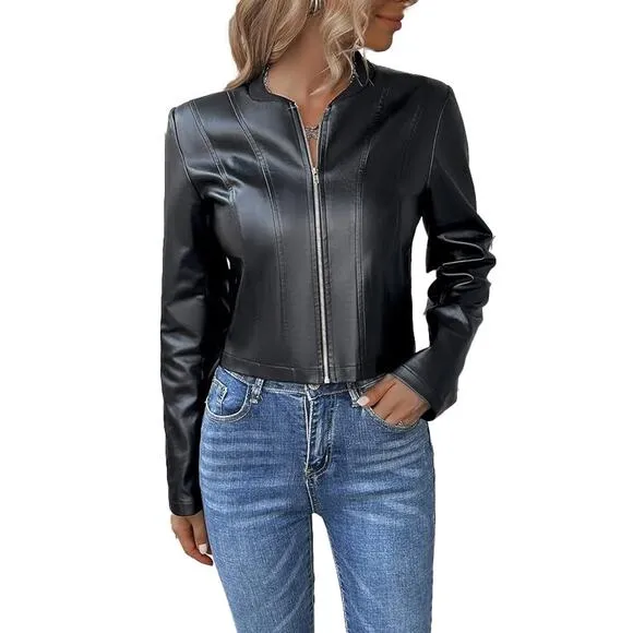 Patrizia Luca Women's Black Faux Leather Zip Up Cropped Moto Jacket Size L NWT