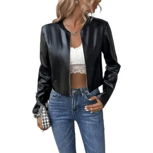 Patrizia Luca Women's Black Faux Leather Zip Up Cropped Moto Jacket Size L NWT