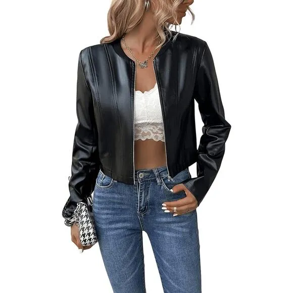 Patrizia Luca Women's Black Faux Leather Zip Up Cropped Moto Jacket Size L NWT