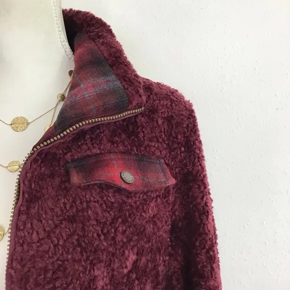 PENDLETON WOMEN DEEP BURGUNDY TEDDYBEAR FUR HIGH COLLAR WARM JACKET SIZE M
