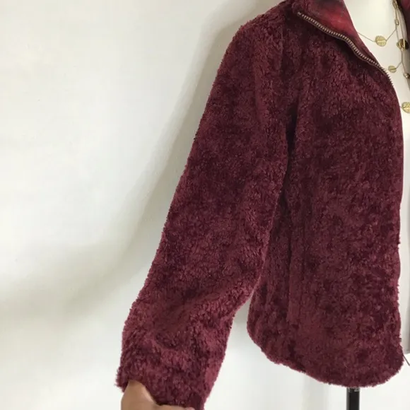 PENDLETON WOMEN DEEP BURGUNDY TEDDYBEAR FUR HIGH COLLAR WARM JACKET SIZE M