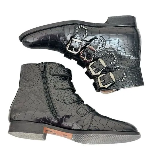 Pertini Reptile Embossed Black Leather Buckle StuddedMoto Biker Ankle boots 7