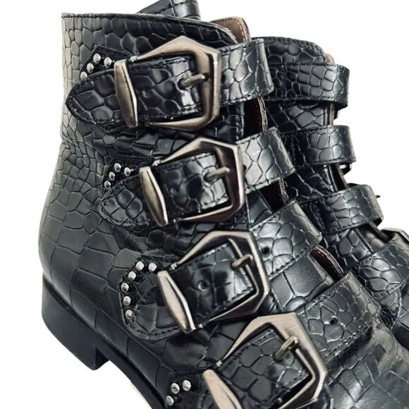 Pertini Reptile Embossed Black Leather Buckle StuddedMoto Biker Ankle boots 7
