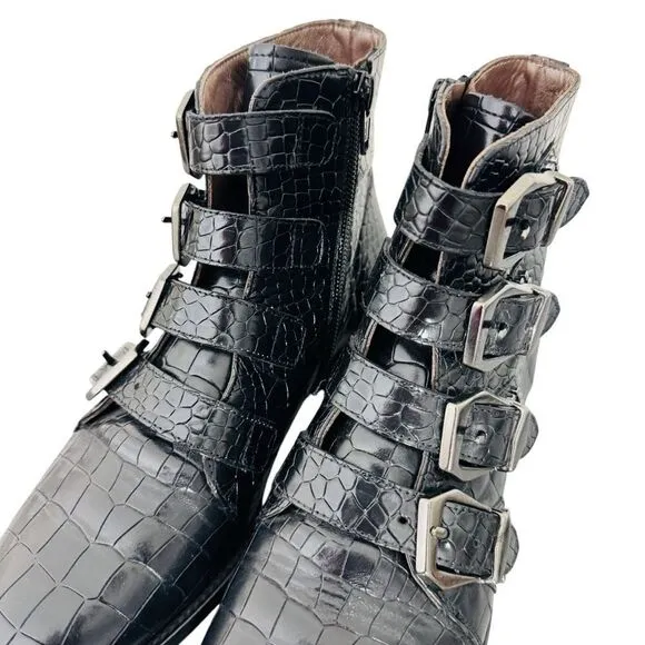 Pertini Reptile Embossed Black Leather Buckle StuddedMoto Biker Ankle boots 7